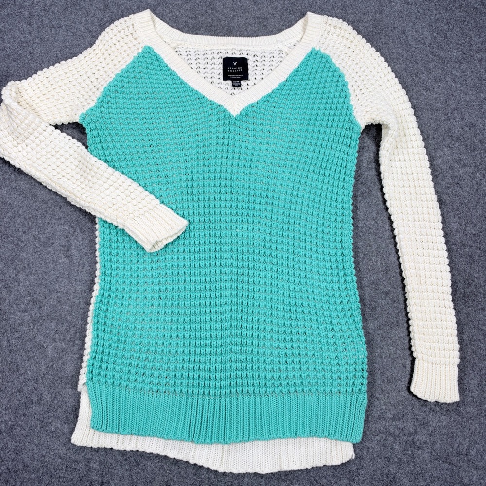 American Eagle Jegging Sweater Teal Cream Colorblock V-Neck Knit XS